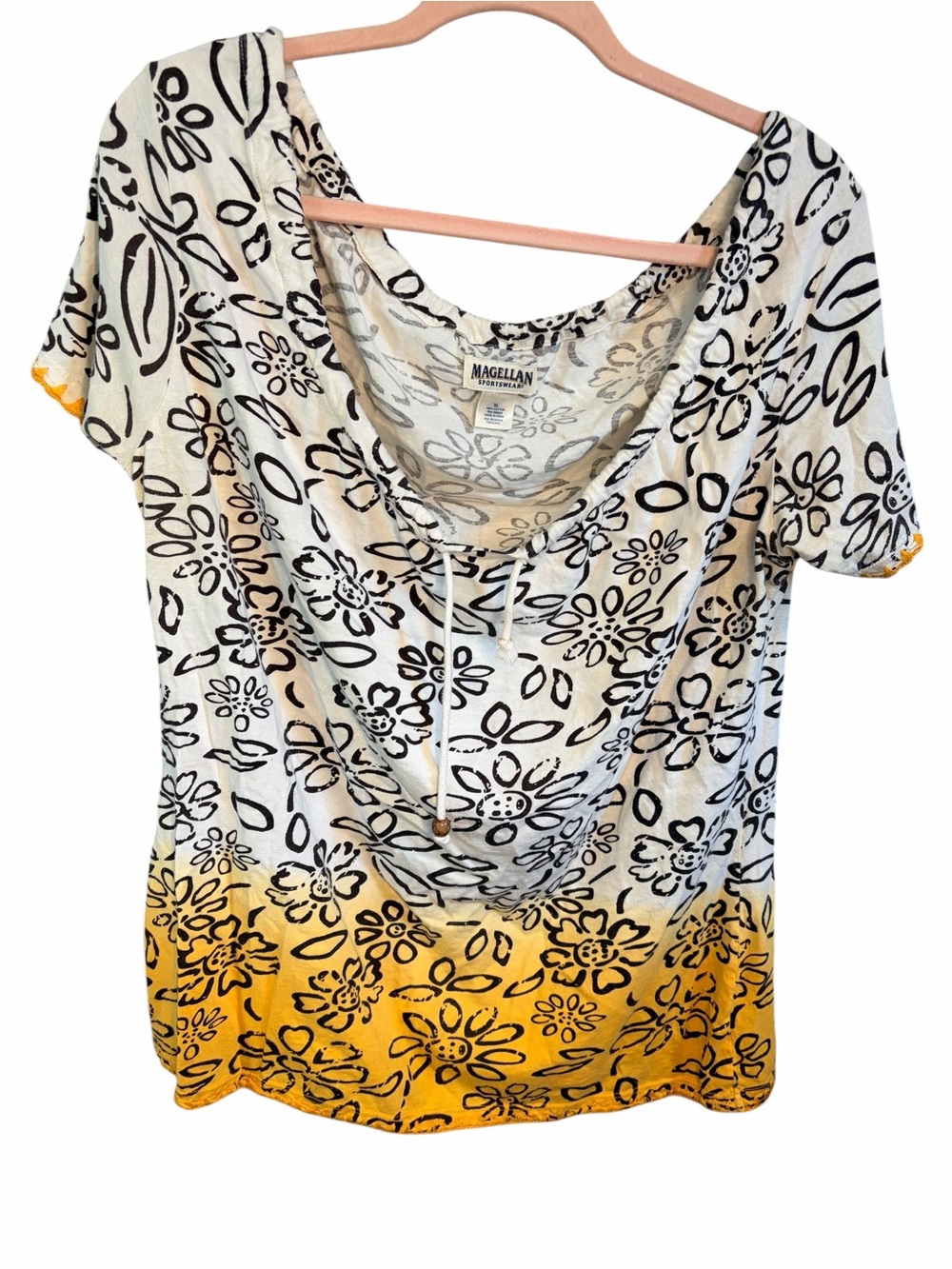 Magellan Outdoors White and Yellow Floral Cowl-Neck Short Sleeve Top